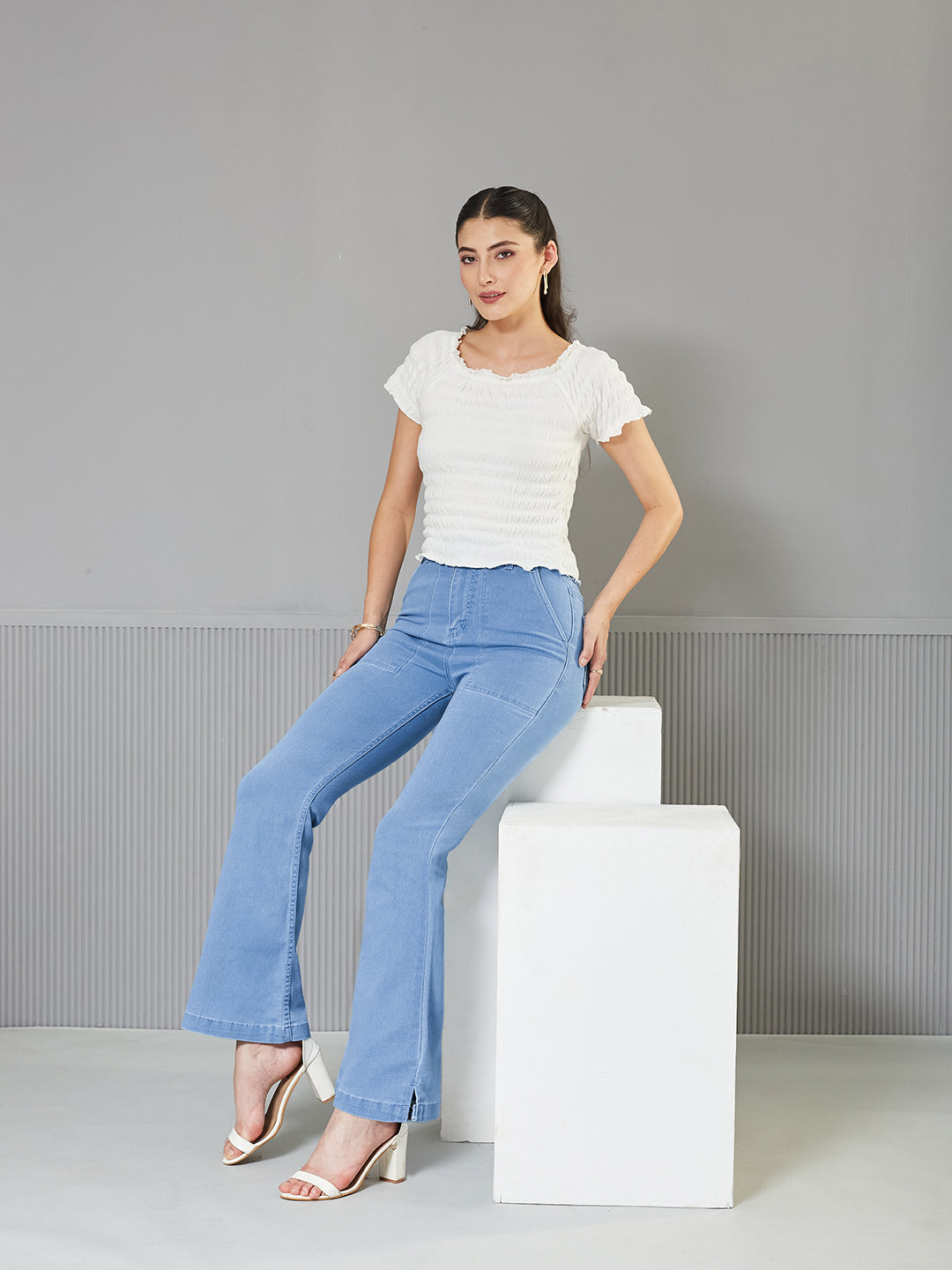 Women's Light Blue Bootcut High-Rise clean-look Regular Stretchable Denim Jeans