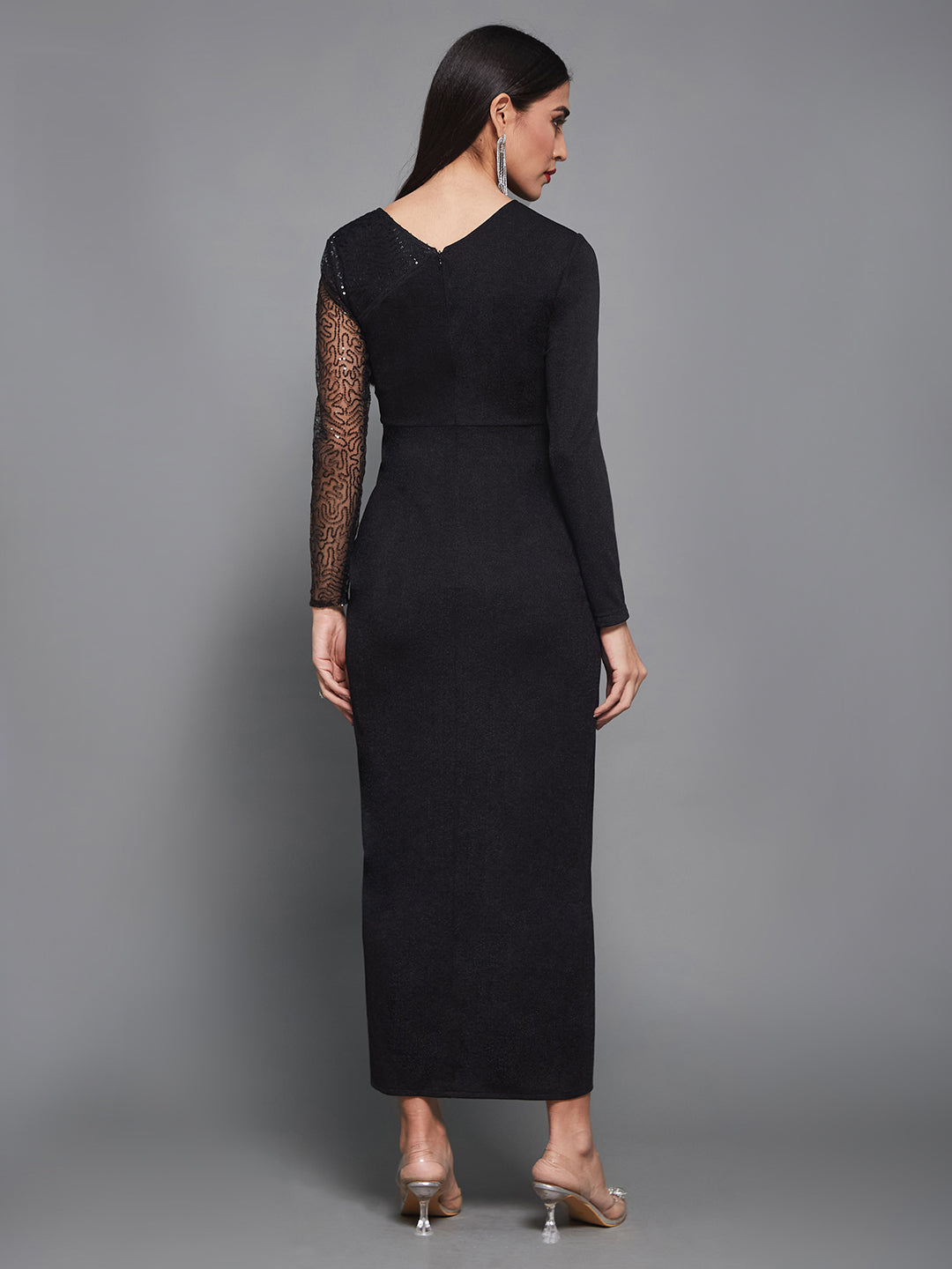 Black Sequinned Longline Maxi Dress Long Dress Frock for Women