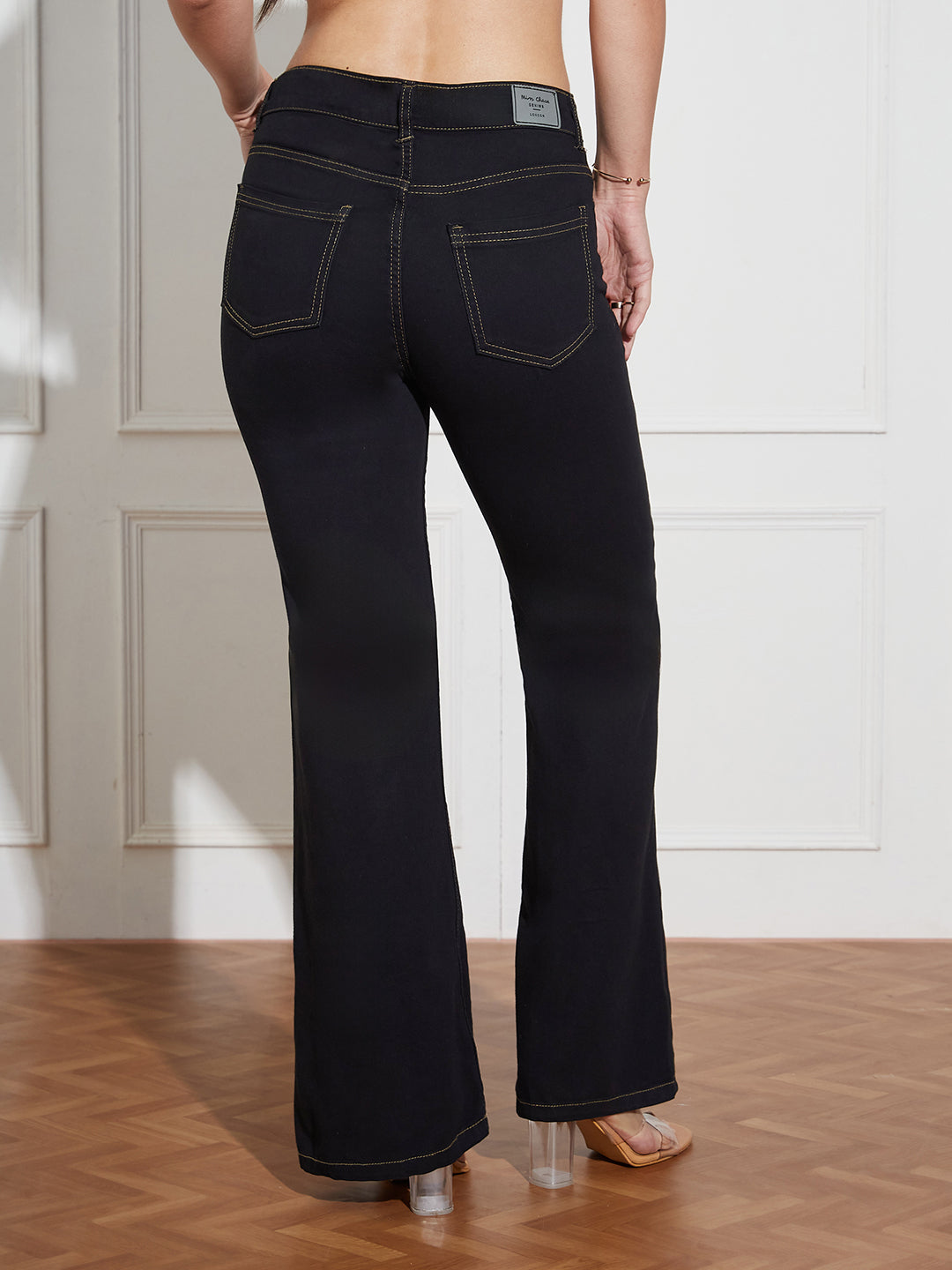 Women's Black Bootcut High-Rise Clean-Look Regular-Length Stretchable Denim Jeans