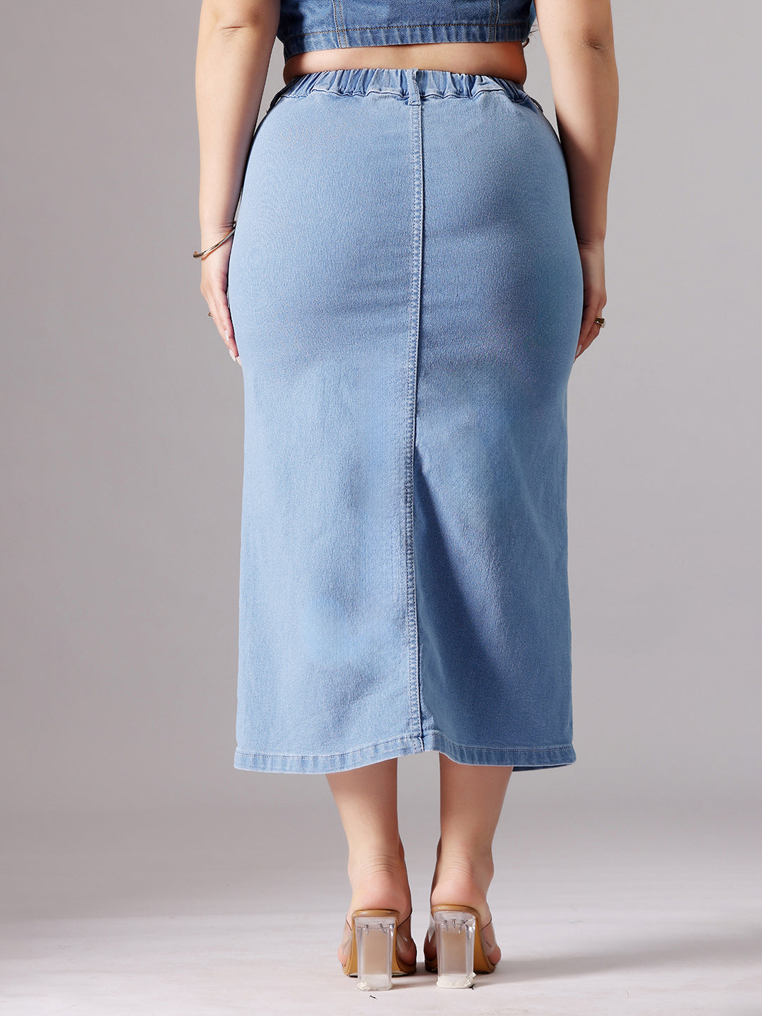 Women's Light Blue Straight-Fit High-Rise Clean-Look Stretchable Denim Midi Skirt