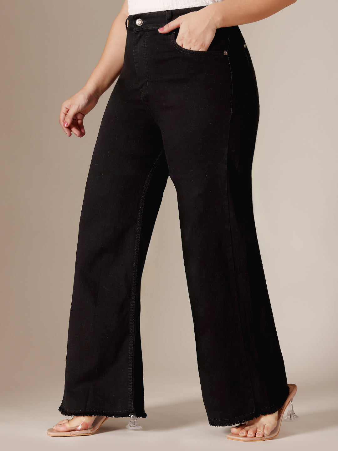 Black High Rise Clean Look Regular-Length Stretchable Wide Leg Denim Jeans for Women
