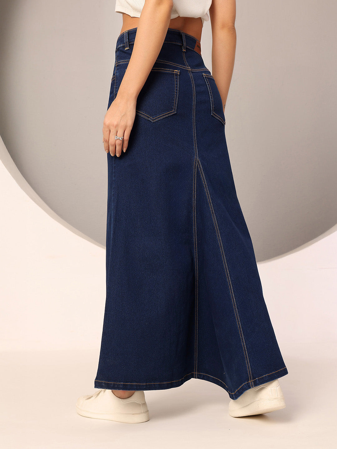 Women's Dark Blue Flared High-Rise Clean-Look Stretchable Denim Maxi Skirt