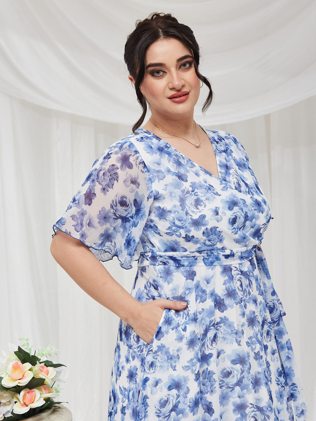 Floral Wrap Chiffon Maxi Dress with White Base & Flutter Sleeves for Women — Miss Chase A+