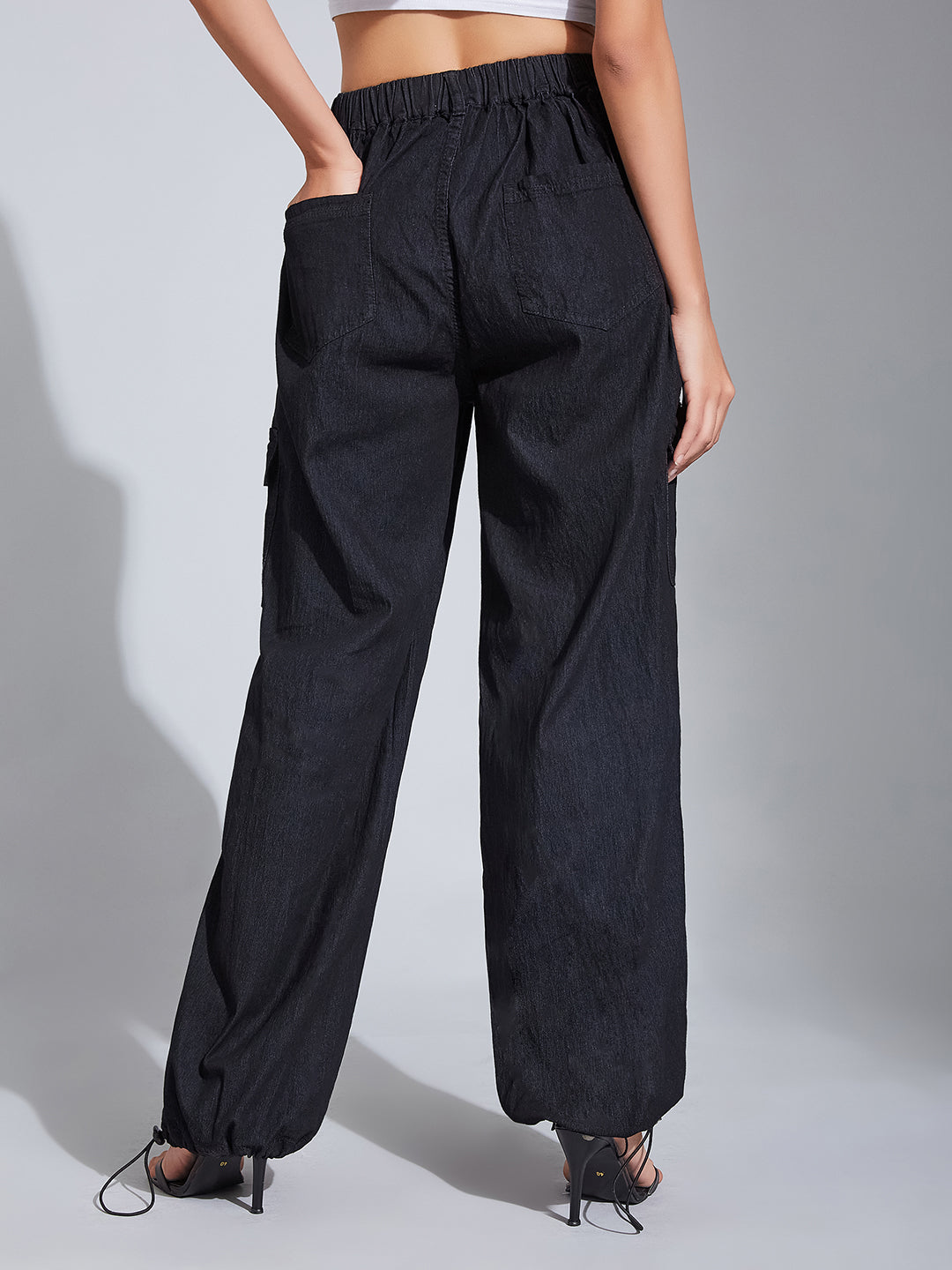 24/7 Comfort Black High-Rise Stretchable Light Weight Denim Cargo Parachute Pants