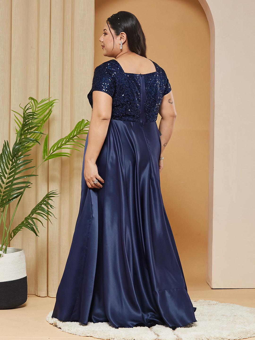 Navy Blue Square-Neck Short-Sleeves Embellished Polyester Fit & Flare Maxi Dress for Women