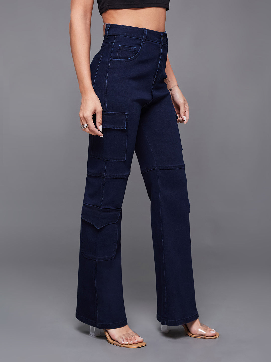 24/7 Comfort Navy-Blue Wide-Leg High-Rise Stretchable Denim Jeans