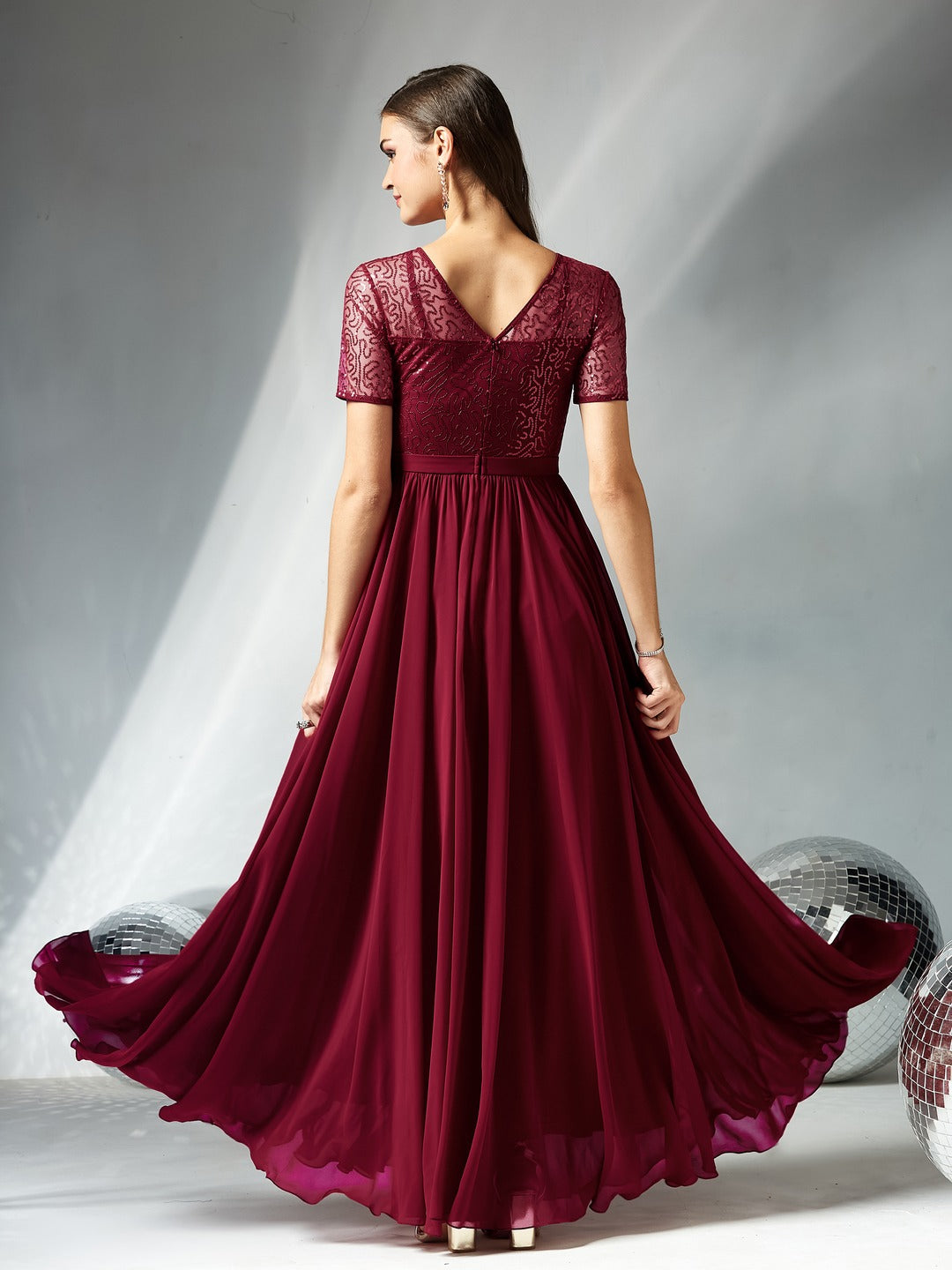 Maroon Relaxed Fit Maxi Georgette & Sequins Dress for Women