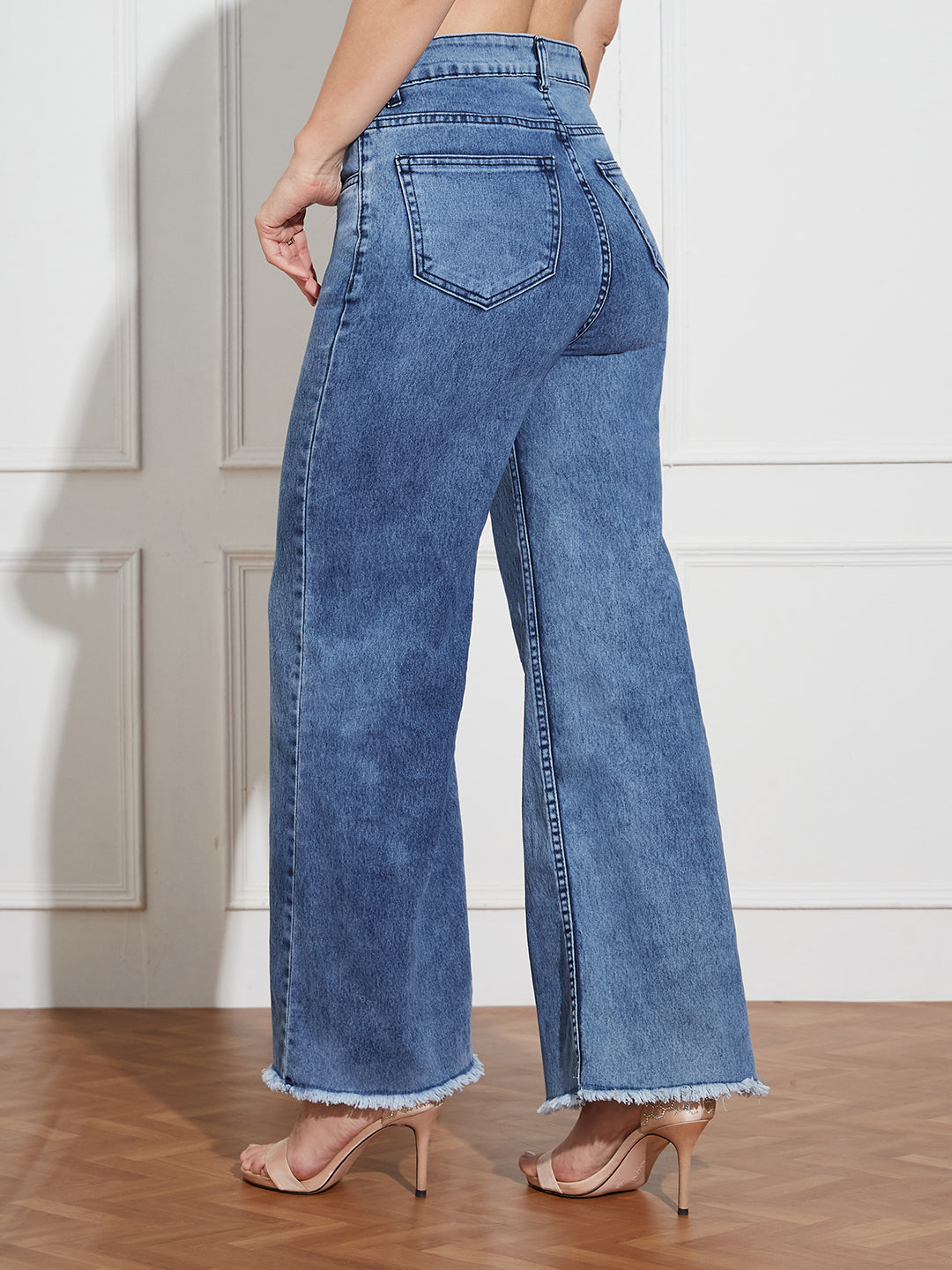 Women's Mid-Blue Wide-Leg High Rise Regular-Length Stretchable Denim Jeans