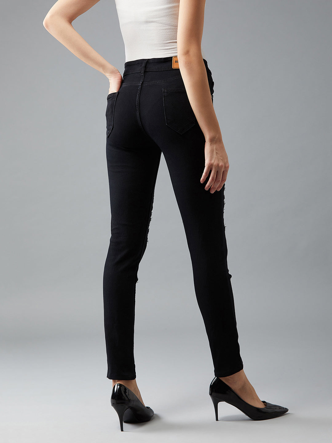 Women's Black Slim-Fit High-Rise Mild Distressed Ripped Net Detailing Stretchable Denim Jeans