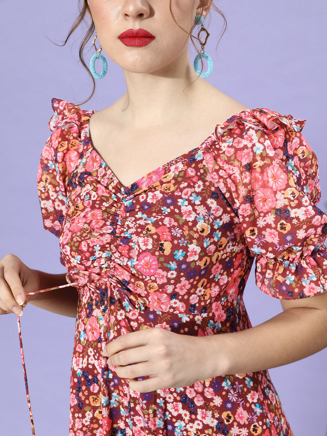 Women's Multicolored-Base-Wine V-Neck Puff Sleeve Floral Ruching Ankle-Length Dress