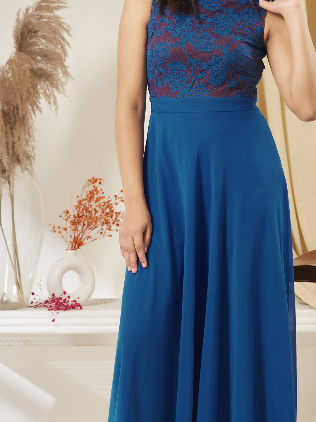 Royal Blue Round Neck Sleeveless Georgette Floral Lace Fit & Flare Maxi Dress for Girls/Teenagers