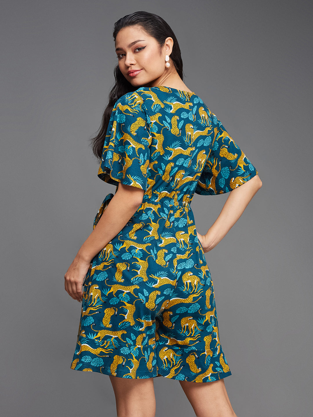 Women's Multicolored-Base-Teal V-Neck Half Sleeve Animal-Patterned Wrap Styled Pure Cotton Knee-Long Playsuit