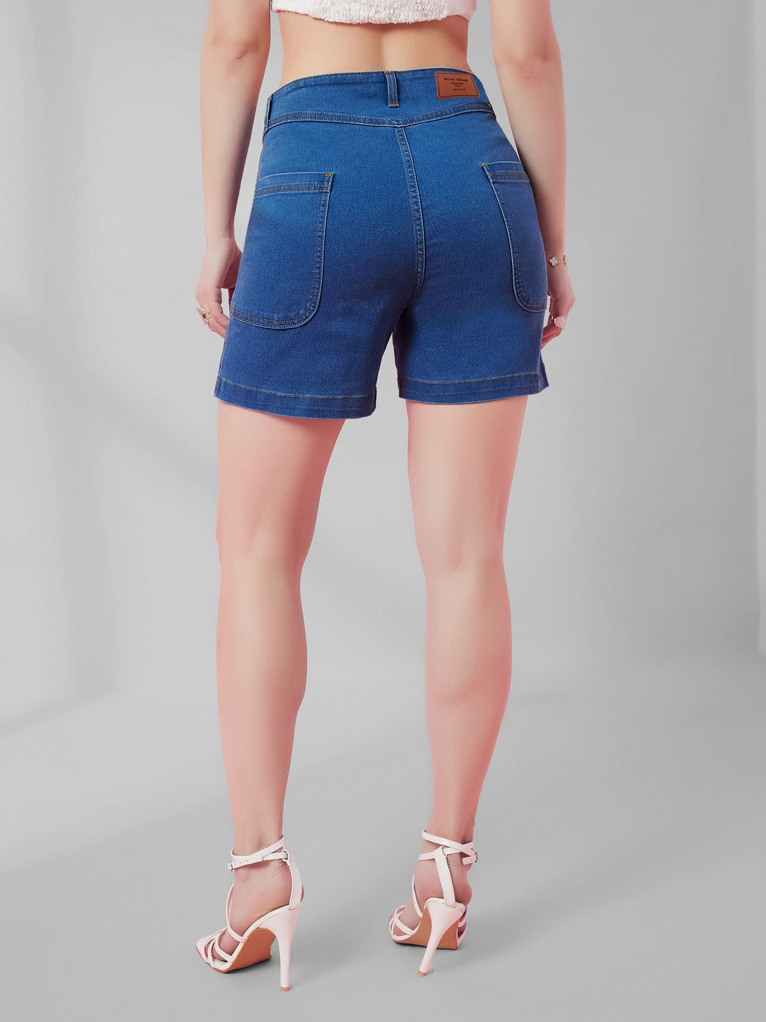 Relaxed-Fit Mid-Rise Stretchable Blue Denim Bermuda Shorts for Women