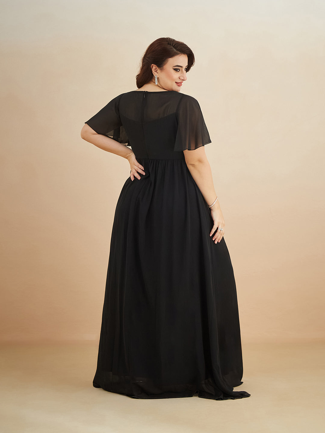 Black Embellished Gathered Maxi Dress for Women