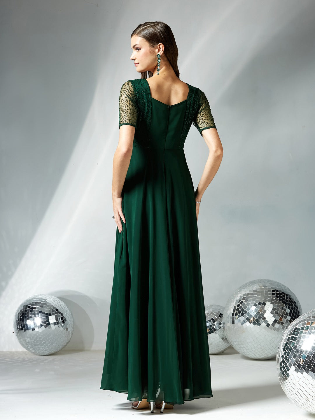 Dark Green Square Neck Half Sleeve Solid Embellished Maxi Dress for Women
