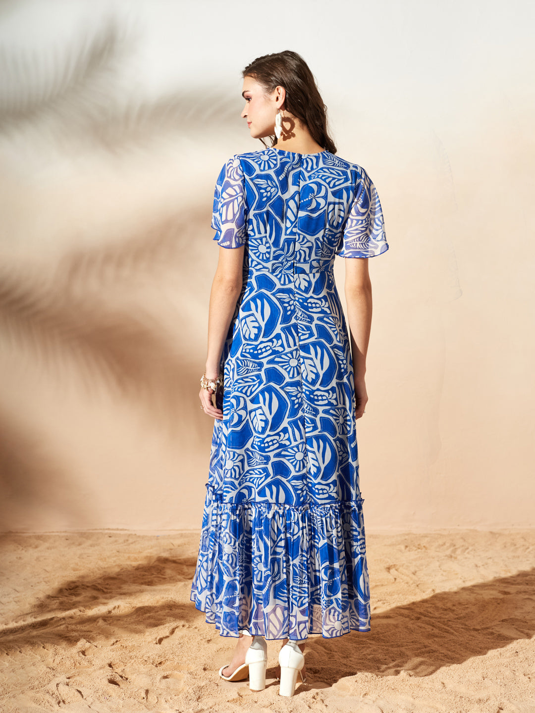 White & Blue Floral Printed Flutter Sleeves Maxi Dress for Women — Miss Chase