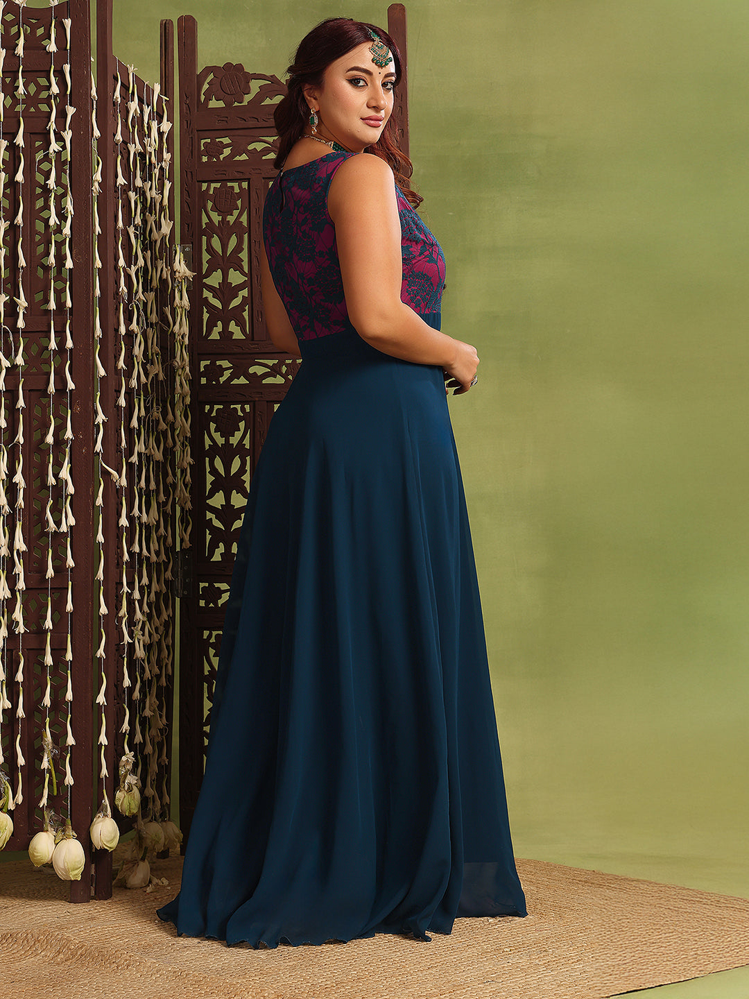 Teal Sleeveless Fit and Flare Lace Dress for Women