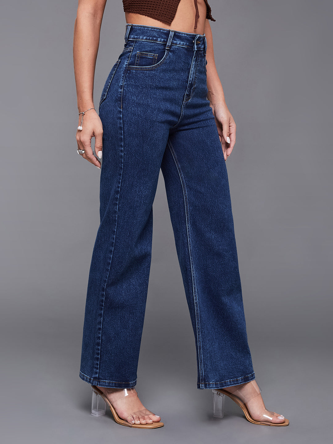 24/7 Comfort Mid-Blue Wide-Leg High-Rise Clean-Look Regular-Length Stretchable Denim Jeans