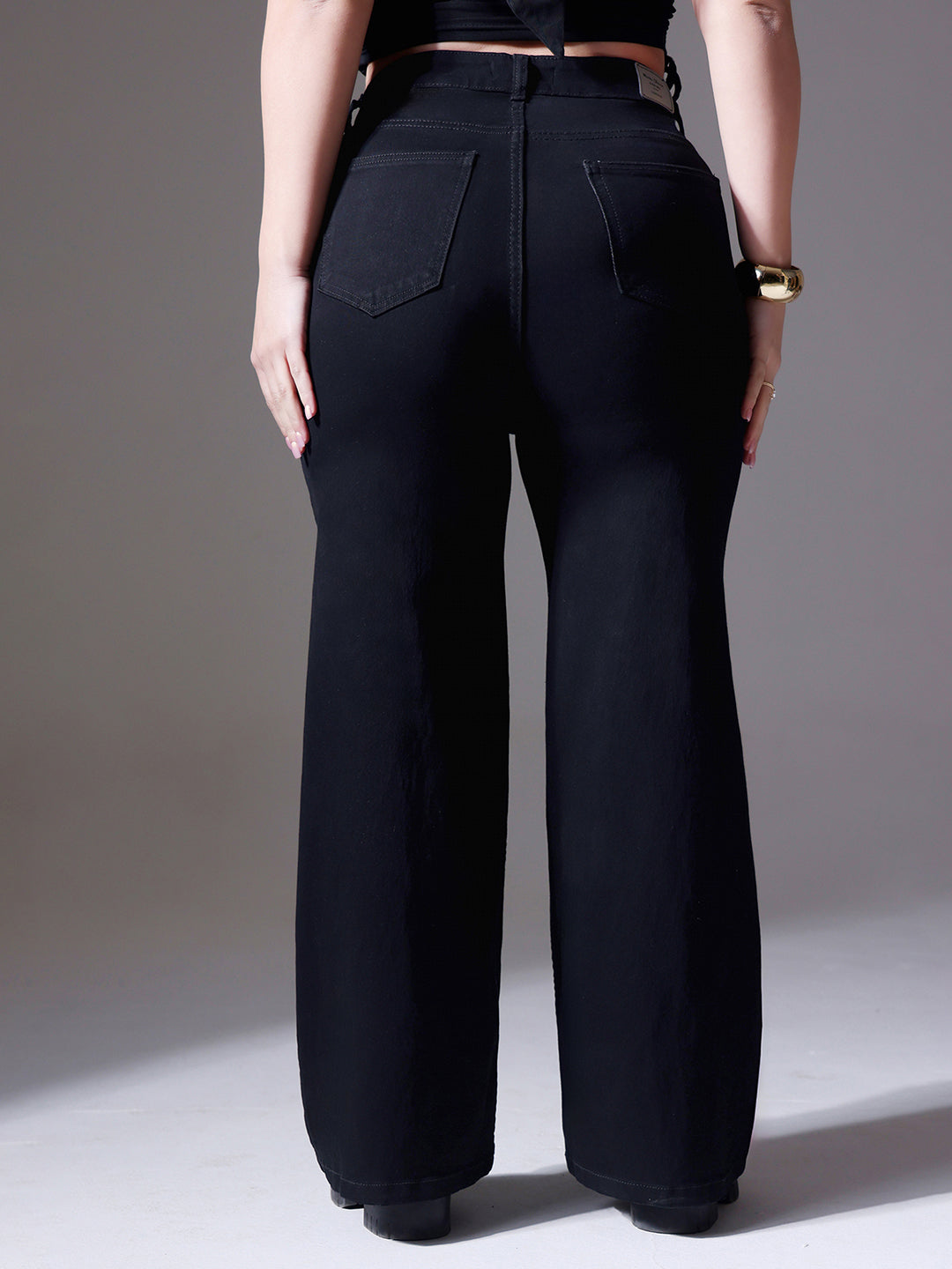 Women's Black Wide-Leg High-Rise Clean-Look Stretchable Denim Jeans