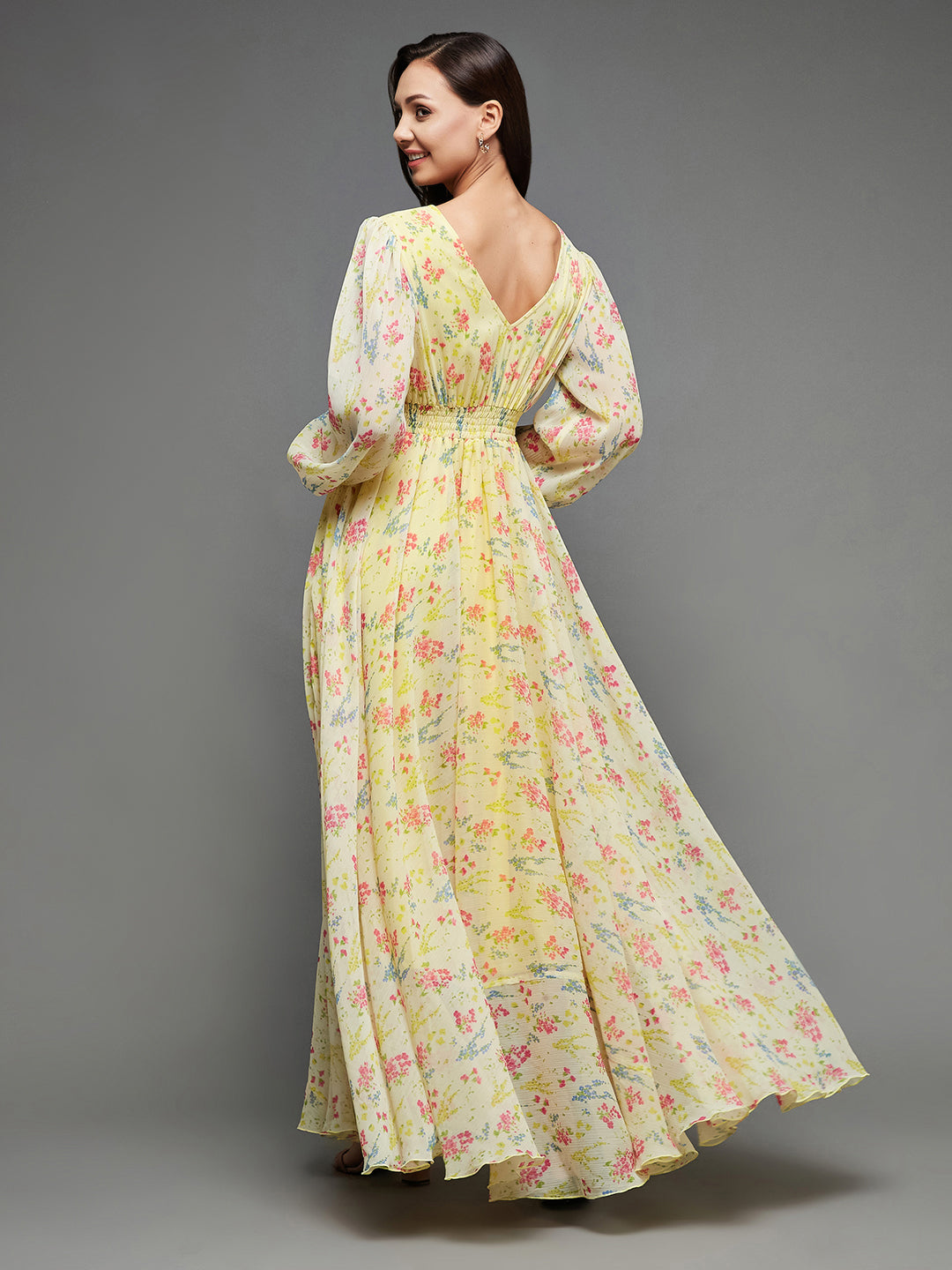 Women's Multicolored-Base-Lime Yellow V-Neck Bishop Sleeve Floral Gathered Chiffon Maxi Dress