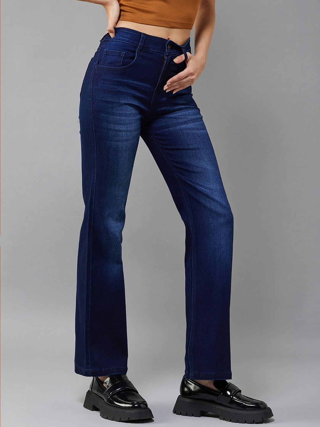 24/7 Comfort Navy-Blue Wide-Leg Mid-Rise Stretchable Denim Jeans