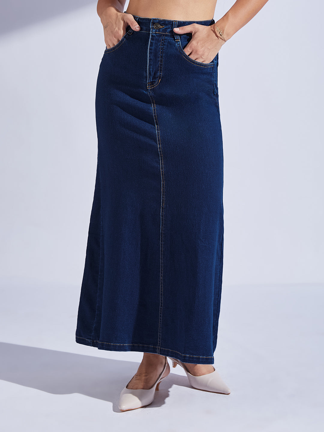 Women's Dark Blue Flared High-Rise Clean-Look Stretchable Denim Maxi Skirt