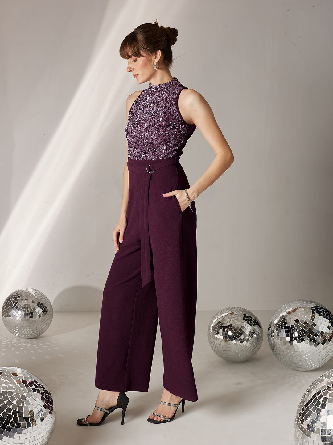 Women's Dark Purple Halter Neck Sleeveless Embellished Regular-Length Jumpsuit