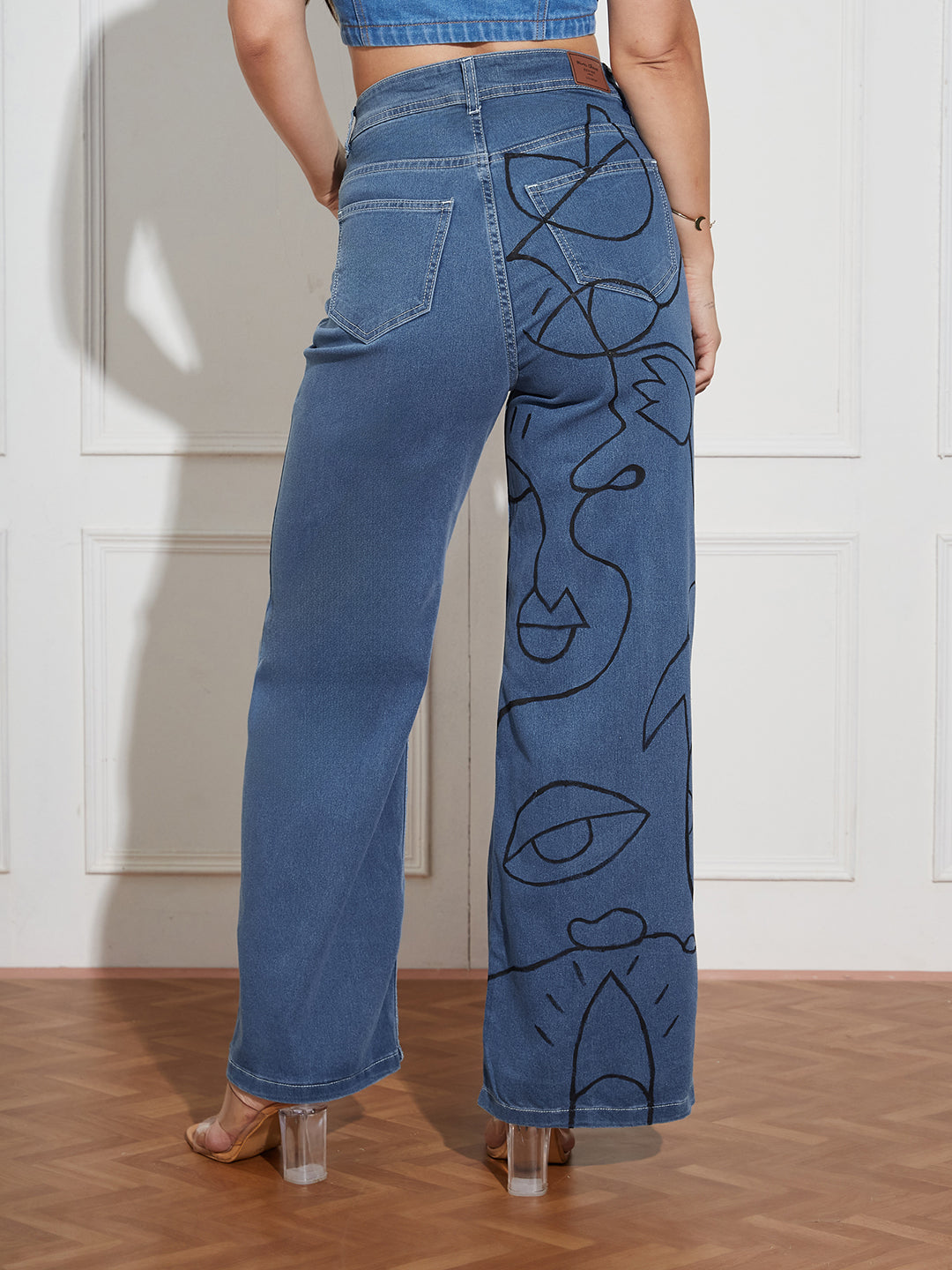 Women's Blue Wide Leg High Rise Hand Painted Clean Look Stretchable Denim Jeans