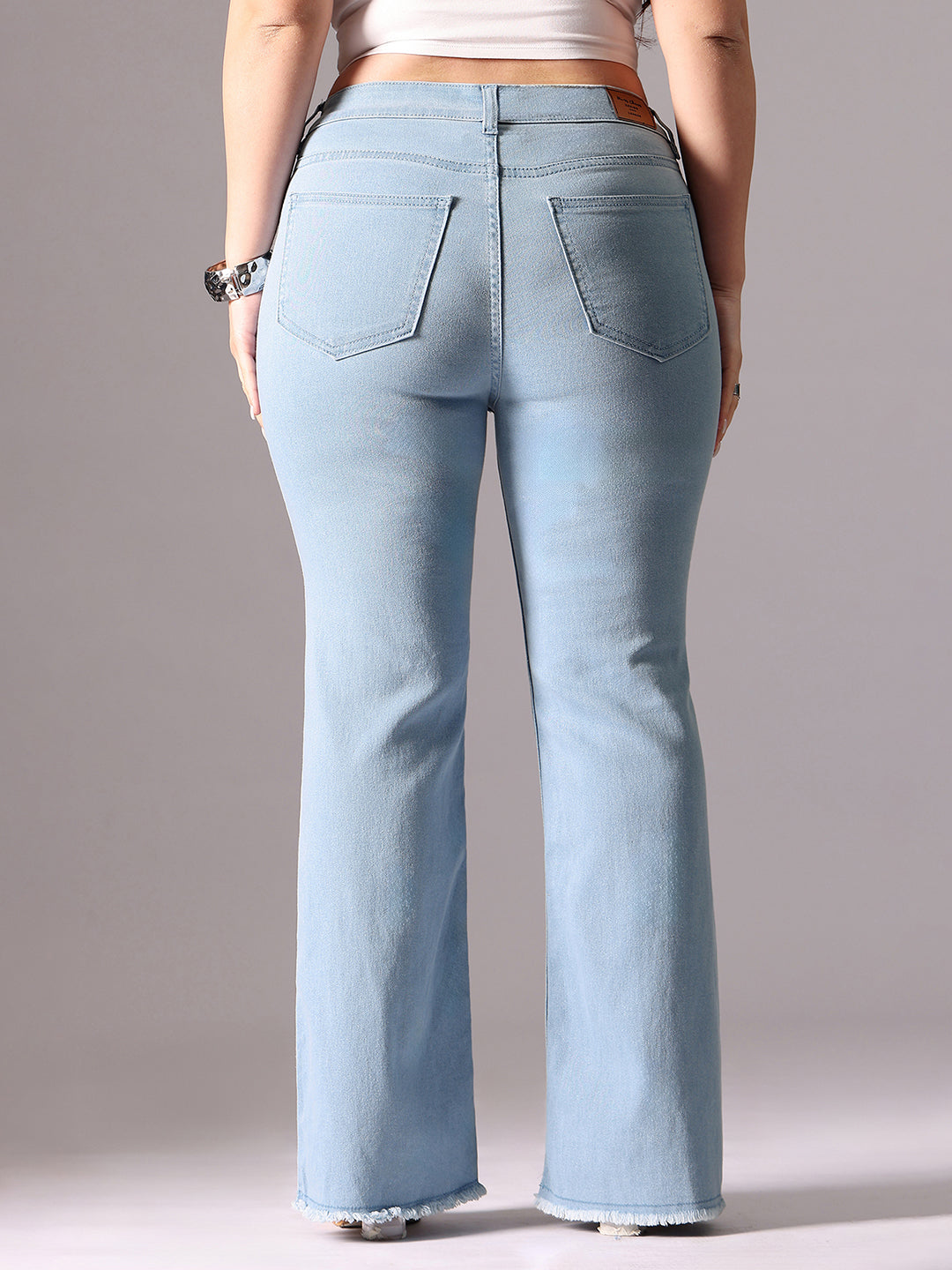Women's Light Blue Bootcut High-Rise Clean-Look Cropped Stretchable Denim Jeans