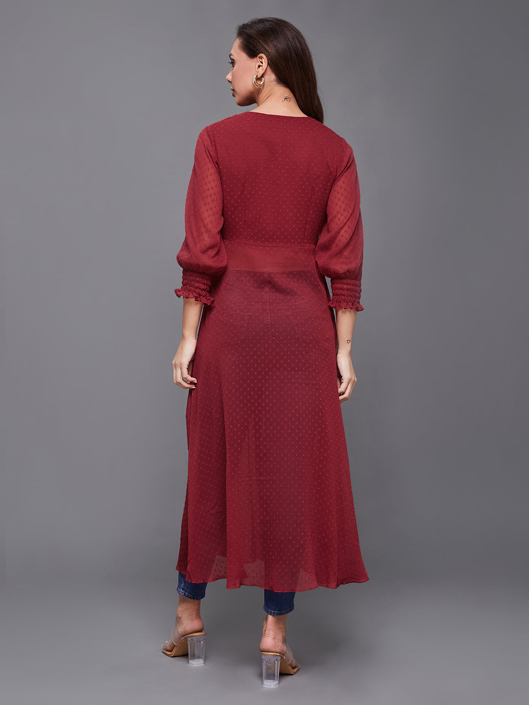 Women's Maroon V-Neck 3/4 Sleeves solid empire Maxi Top