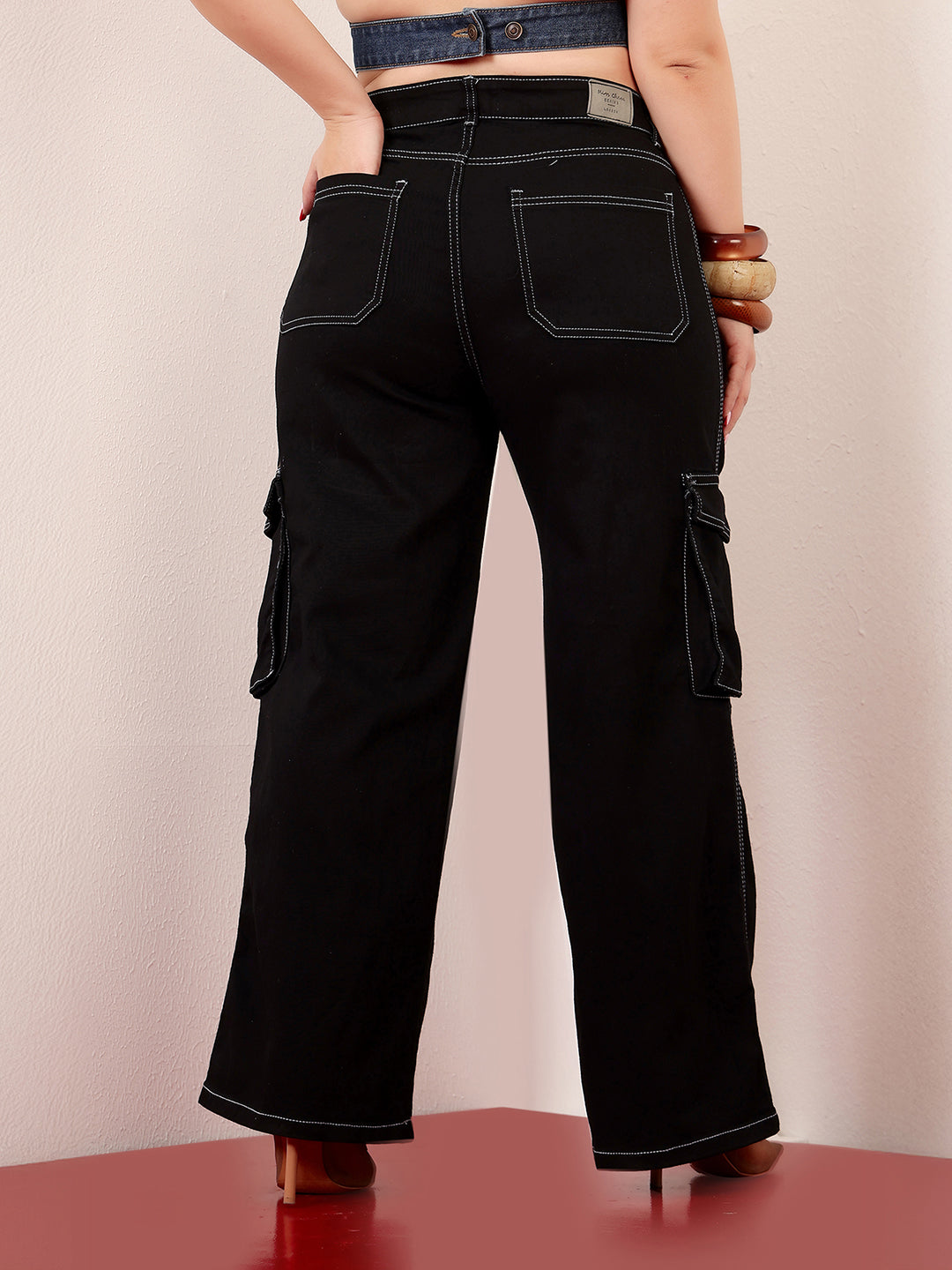 Women's Black Wide-Leg High-Rise Clean-Look Stretchable Patch-Pocketed Denim Jeans