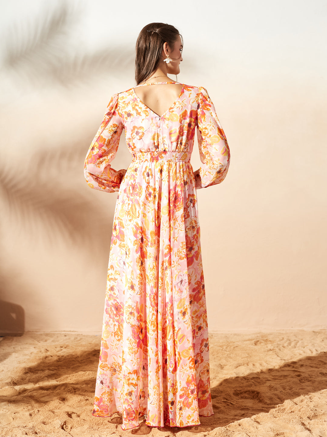 Orange Full Sleeves Floral Printed Fit and Flare Dress for Women