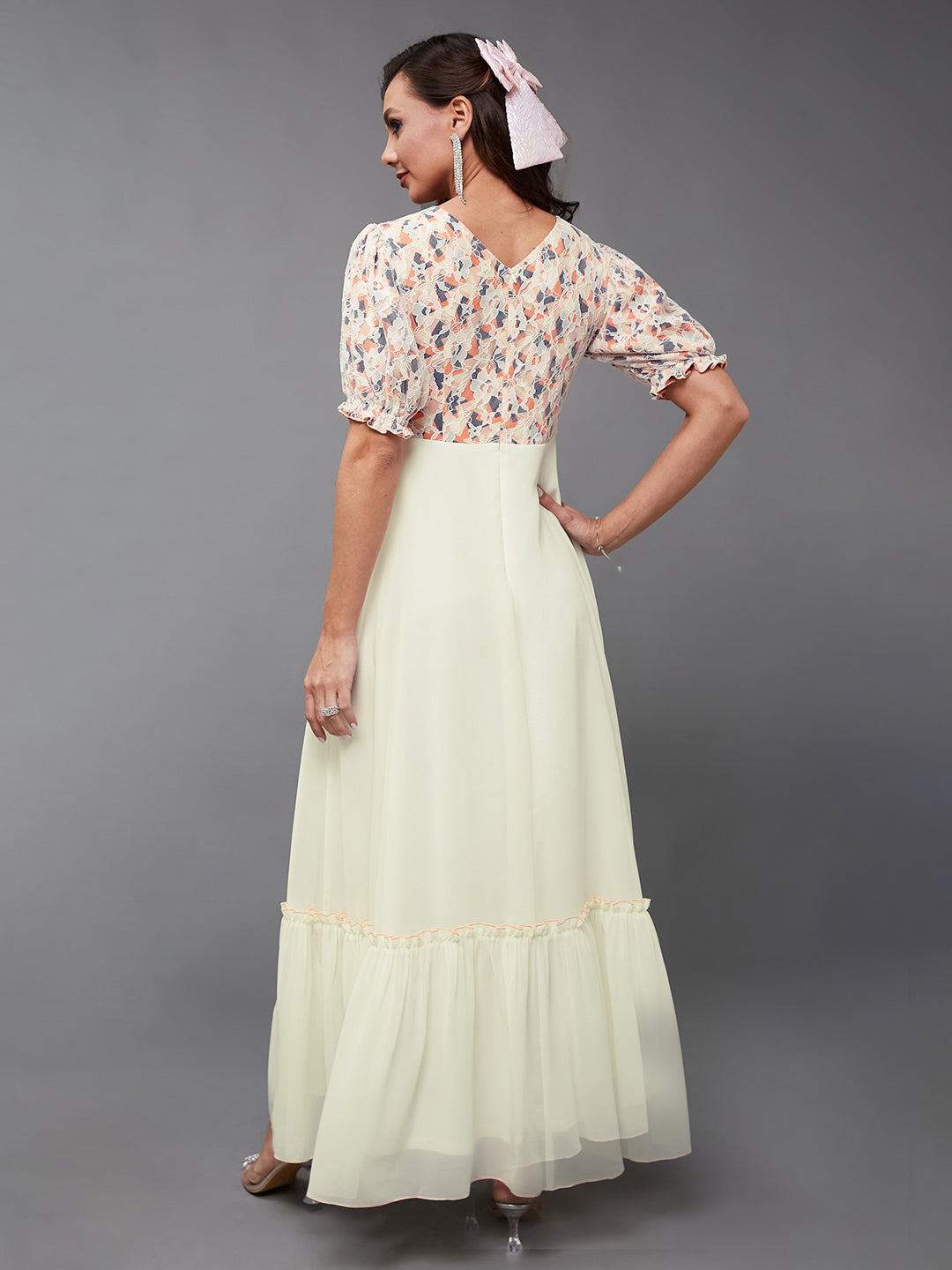 Off-White Short Sleeves Fit and Flare Maxi Dress Long Dress Frock for Women