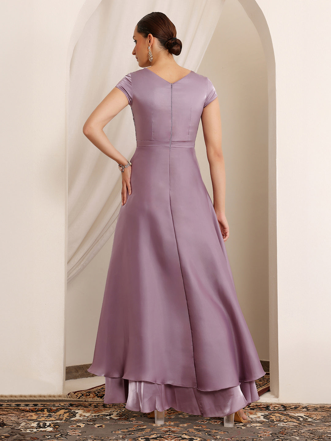 Women's Dusty Purple Round Neck Short Sleeve Embroidered Layered Satin Maxi Dress