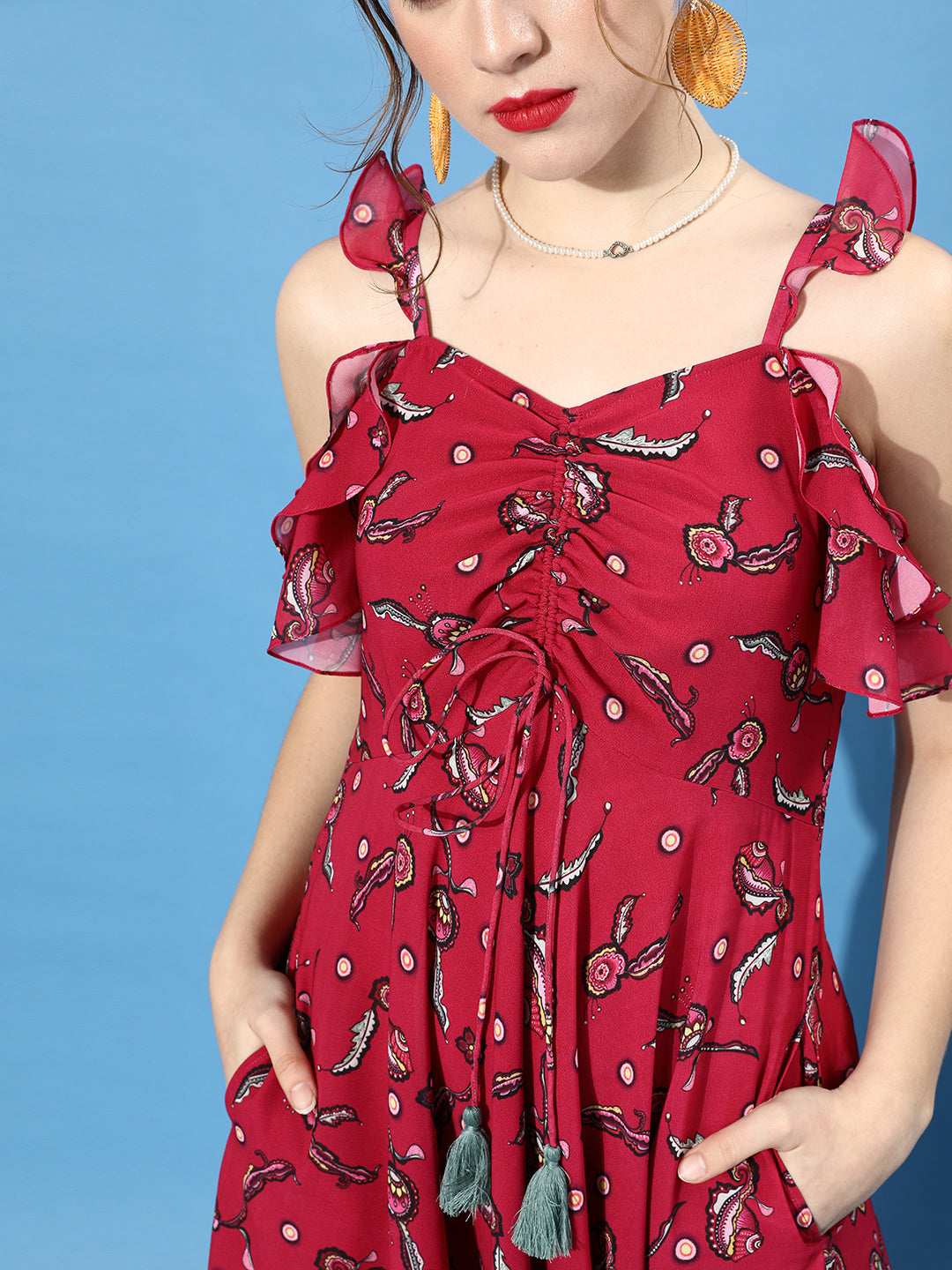 Women's Multicolored-Base-Dark Pink Sweetheart Ruffled Floral Ruching Maxi Dress