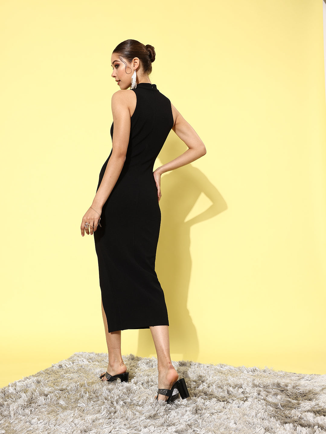 Crease Ease Women's Black & Silver Choker Neck Sleeveless Sequined Party Midi Dress
