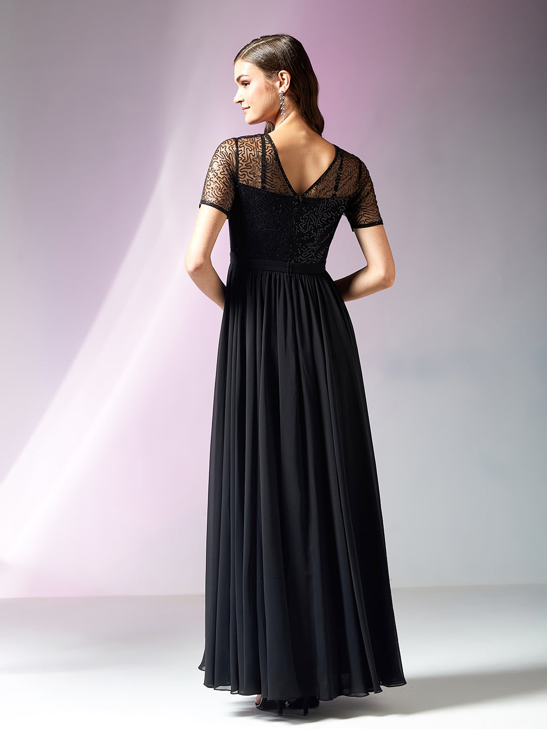 Black Relaxed Fit Maxi Georgette & Sequins Dress for Women