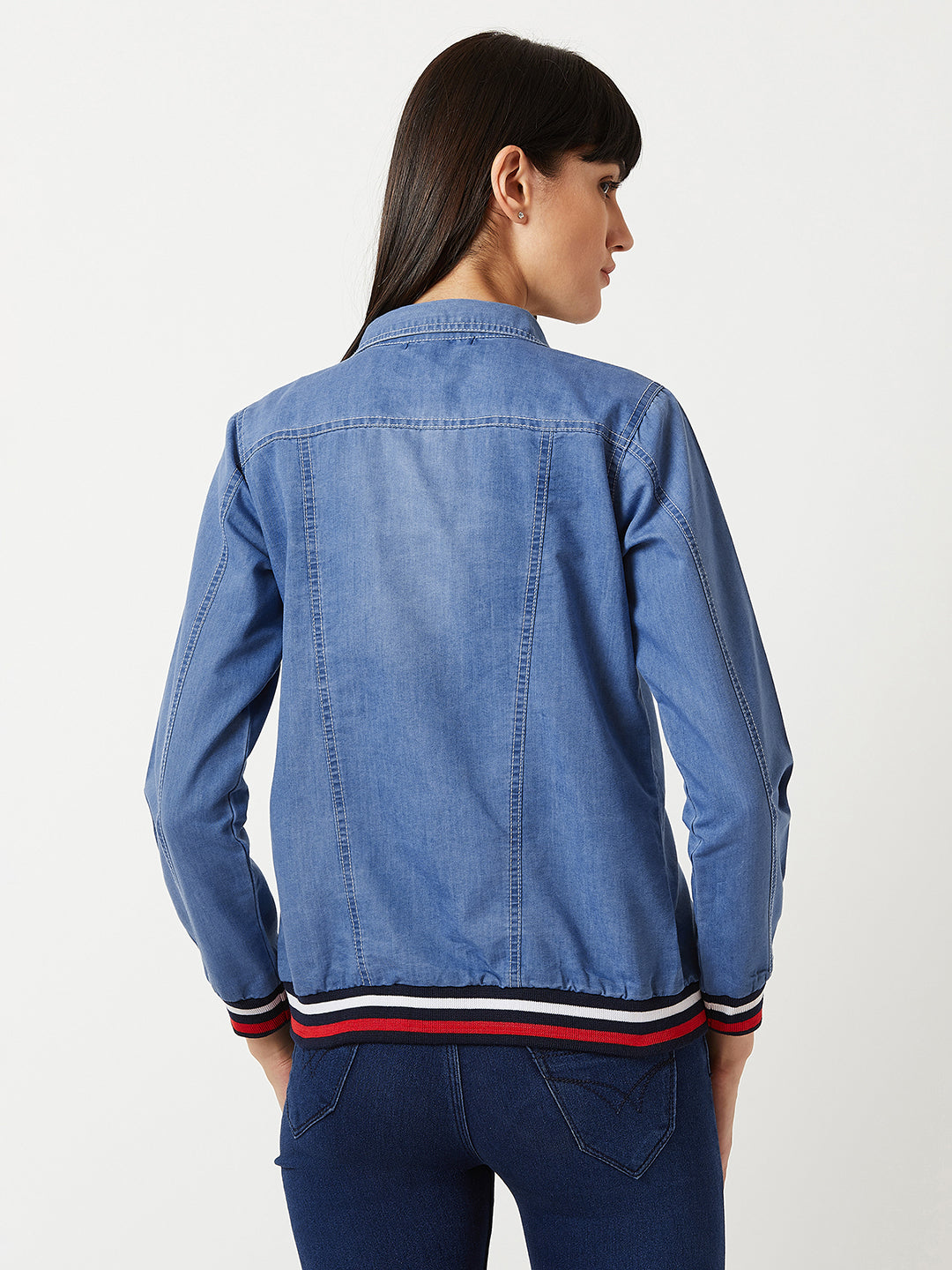 Women's Light Blue Polo Neck Full Sleeve Solid Buttoned Rib And Twill Tape Detailing Bomber Denim Jacket