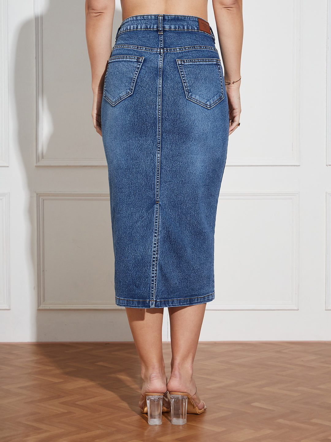 Women's Dark Blue High Rise Clean Look Stretchable Denim Bodycon Midi Skirt