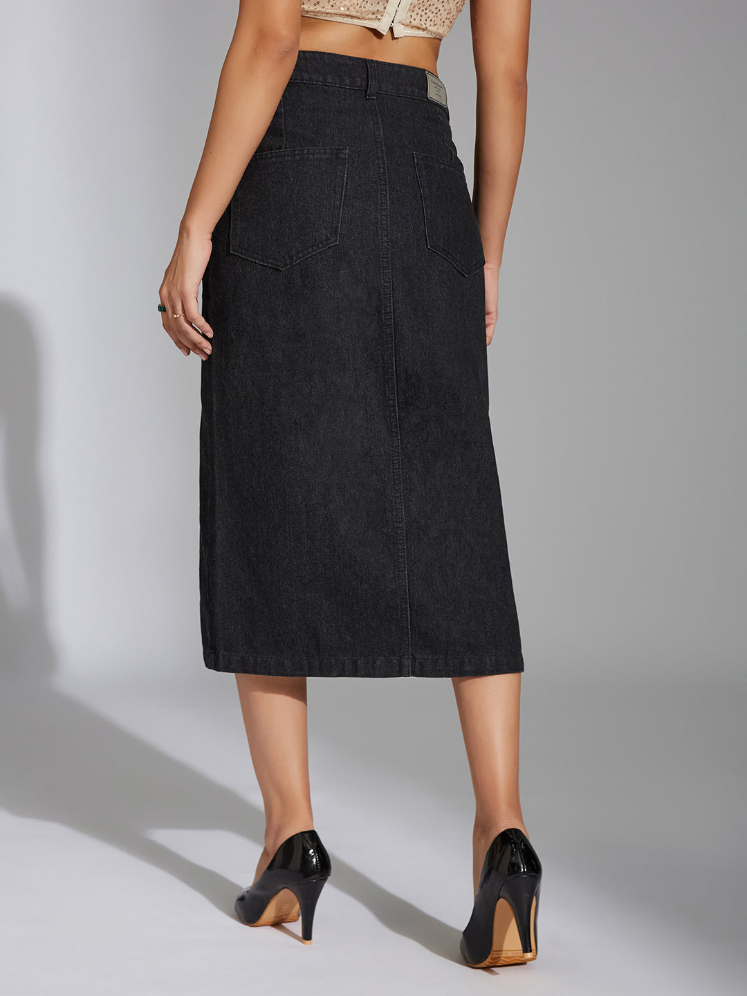 Women's Black Straight-Fit High-Rise Stretchable Denim Midi Skirt