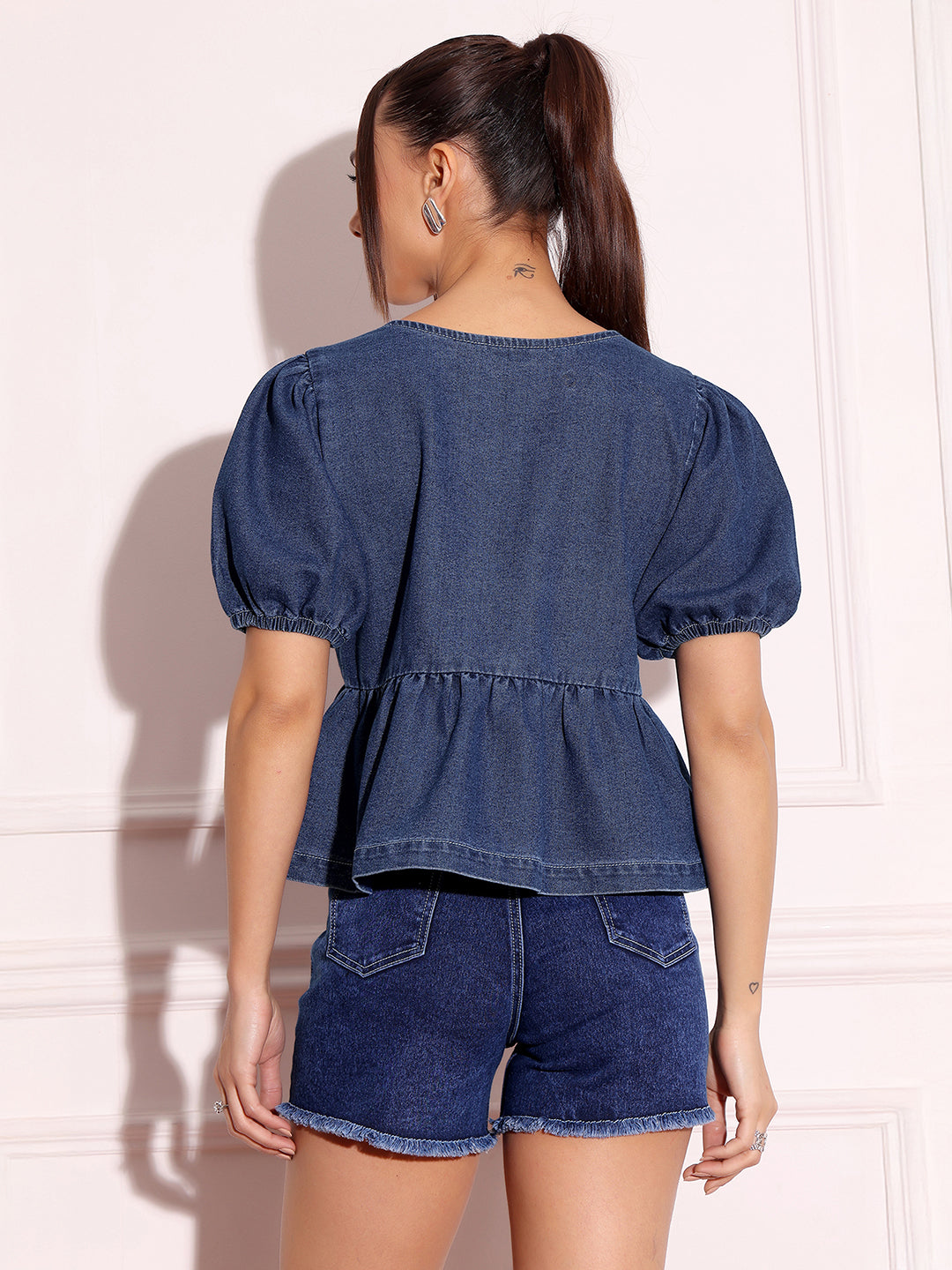 Puff-Sleeves Tie-Up Blue Denim Peplum Top for Women
