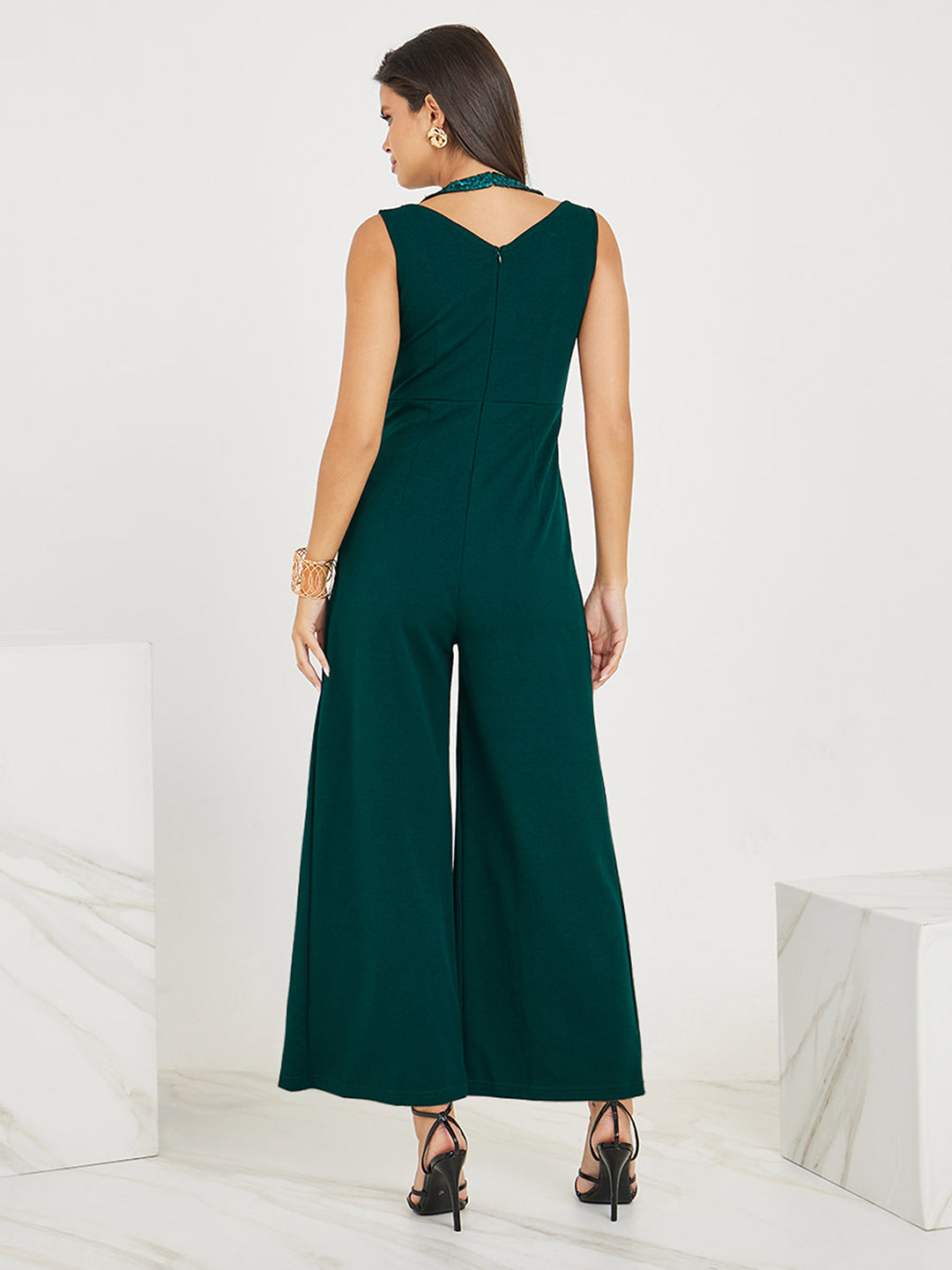 Women's Dark Green Halter-Neck Sleeveless Solid Pleated/Wide Leg Regular Jumpsuit