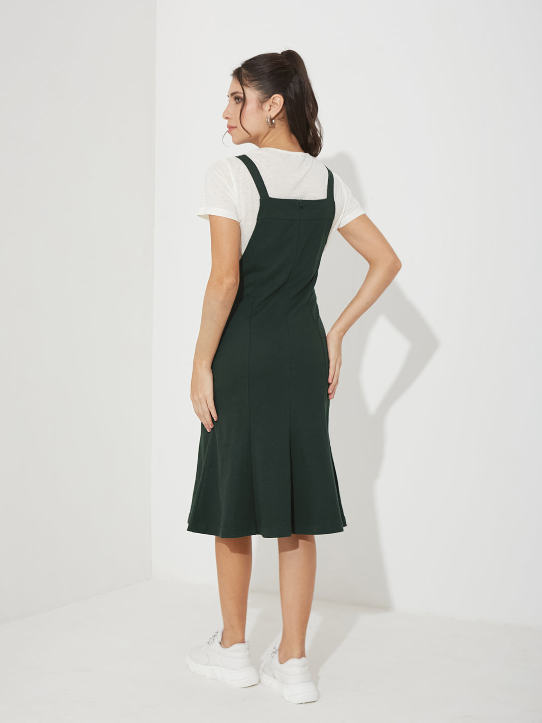 Bottle Green Round Neck Half Sleeve Solid Panneled/ Pinafore Knee-Long Polyester Dress Co-Ord Set for Women — Miss Chase