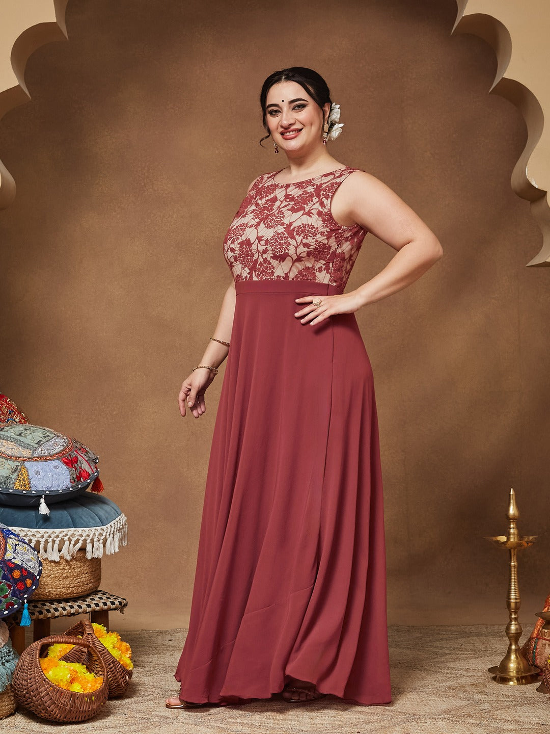 Brick Red & Dusty Green Boat Neck Sleeveless Self Design Lace Overlaid Regular Dress for Women