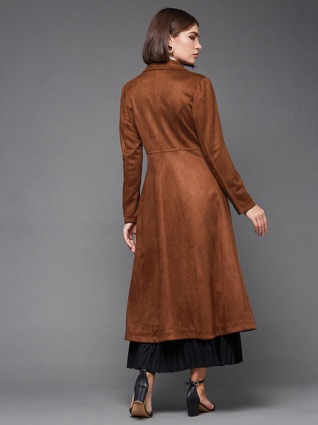 Women's Brown Solid V-Neck Full Sleeves Side Pocketed Polyester Double Breasted Longline Blazer Jacket