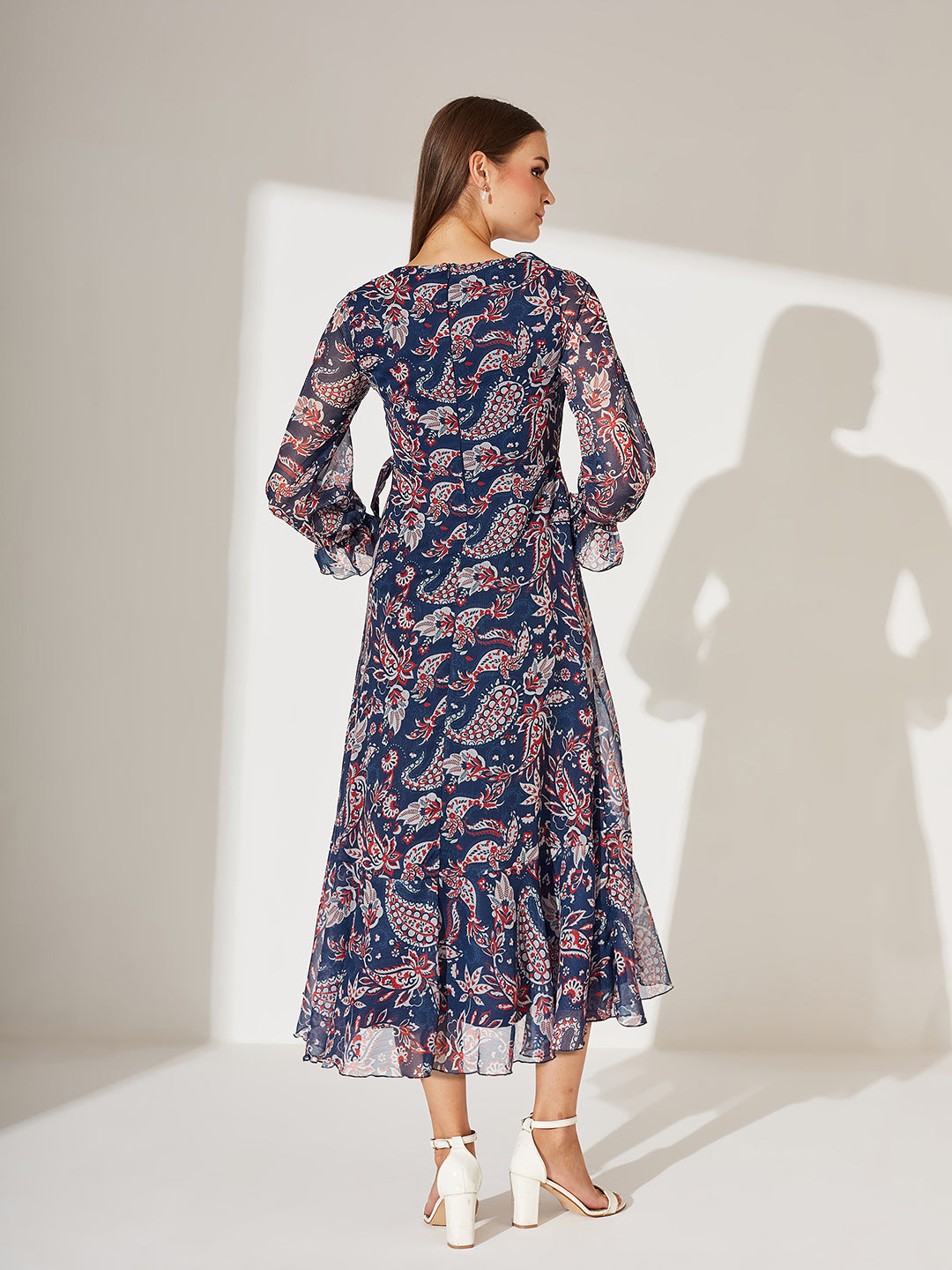 Women's Multicolored-Base-Navy Blue V Neck Full Sleeves Polyester Relaxed Fit Midi Length Dress