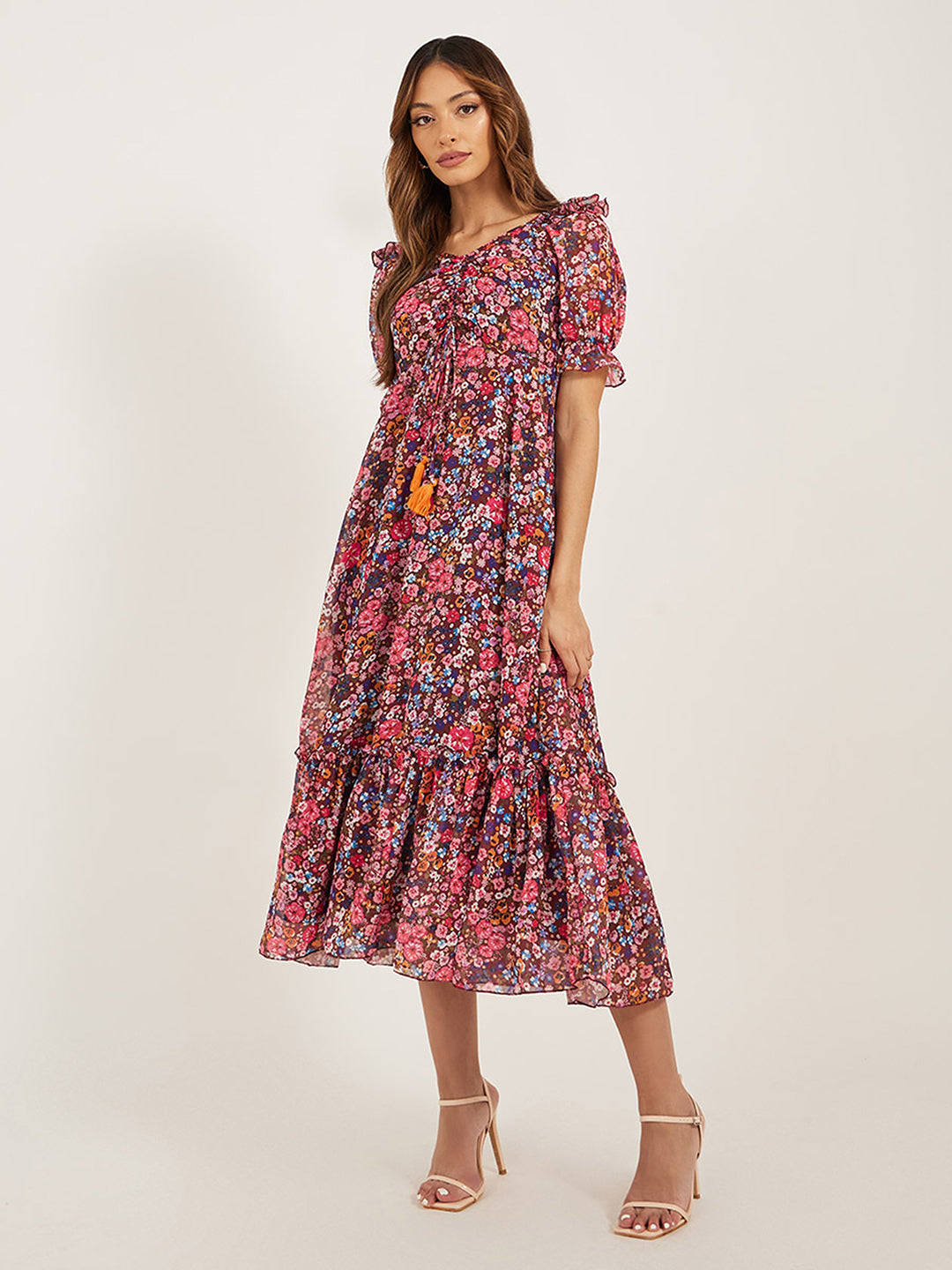 Women's Multicolored-Base-Wine V-Neck Puff Sleeve Floral Ruching Ankle-Length Dress