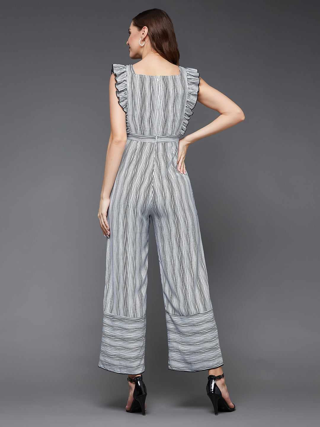 Women's Black and White Striped Square Neck Frilled Crepe Relaxed Fit Tie-Up Regular Jumpsuit