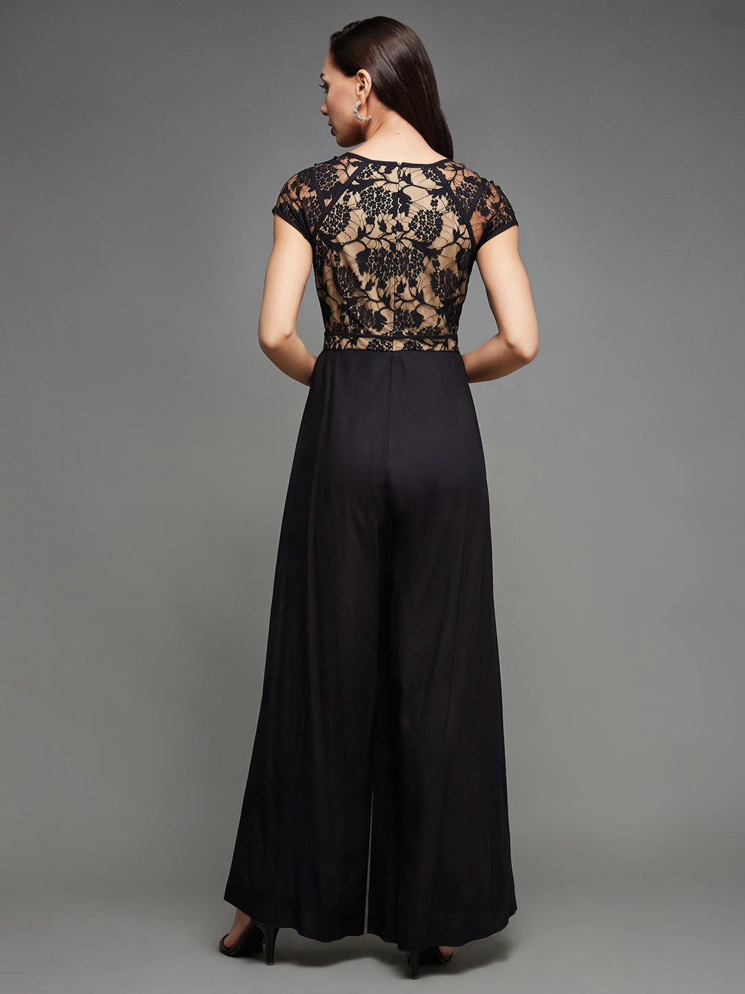Women's Black Sweetheart Neck Raglan Sleeve Floral Lace Overlaid Jumpsuit