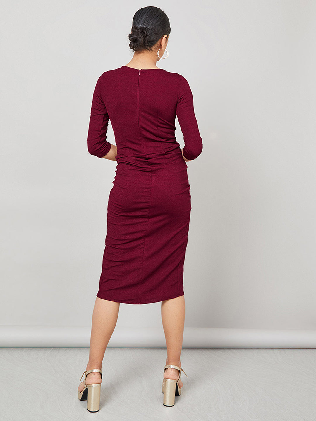 Women's Maroon & Golden Embellished Sheath Midi Dress